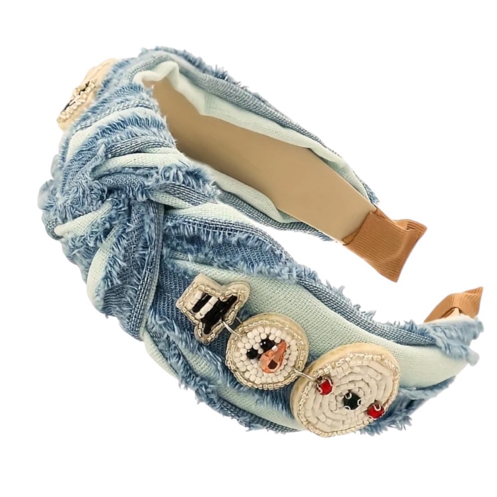 Light Blue Denim Snowman Beaded Headband - Picture 1 of 3